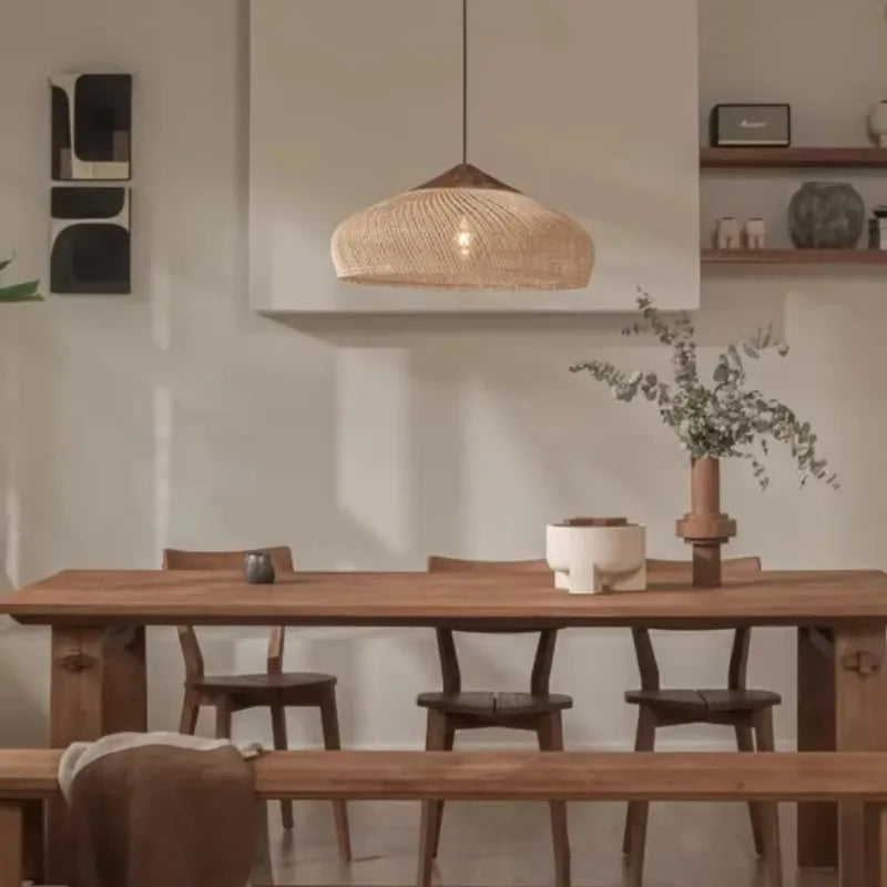 Boho Ręcznie Pleciony Żyrandol z Rattanu Wisząca Lampa E27