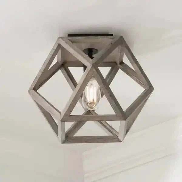 geometryczna lampa sufitowa z drewnianą ramą o nowoczesnym designie