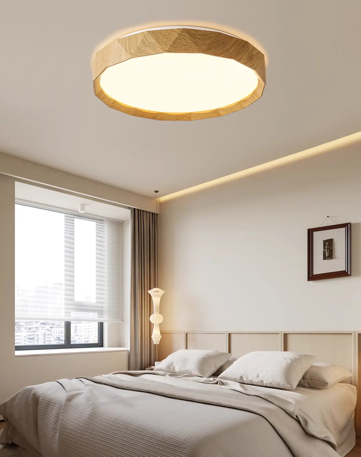 Nowoczesna lampa LED do salonu z drewnianą ramą zamontowana na suficie jasnej sypialni