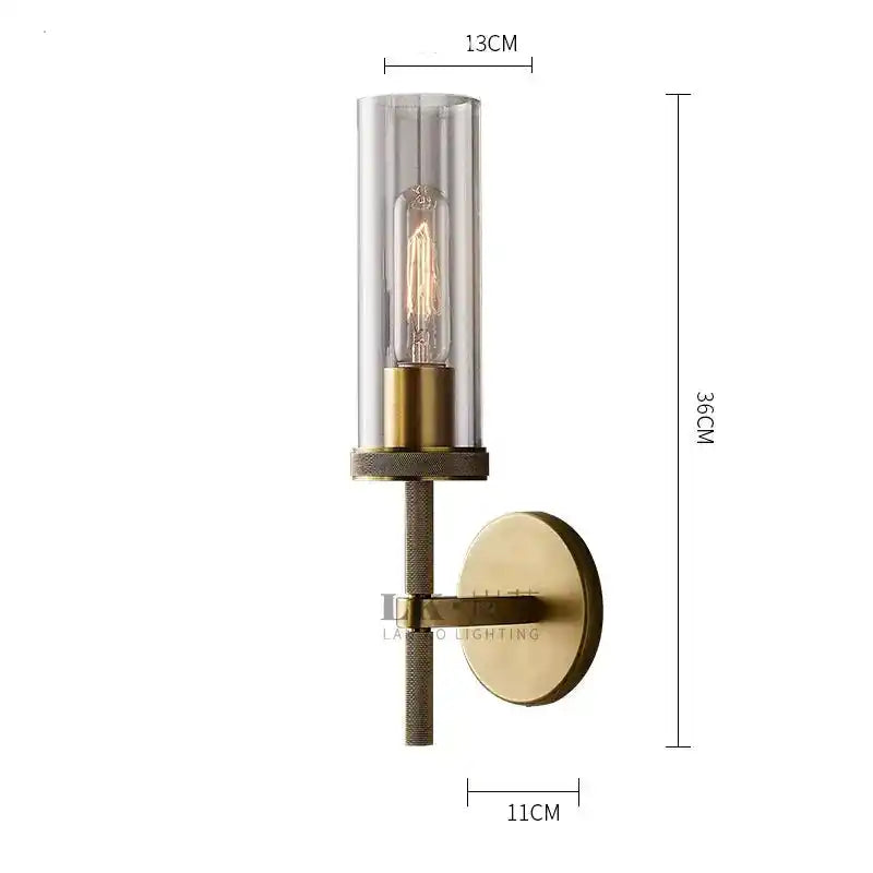 Lan Kou lampa ścienna z cylindrycznym szklanym kloszem i złotym metalowym mocowaniem