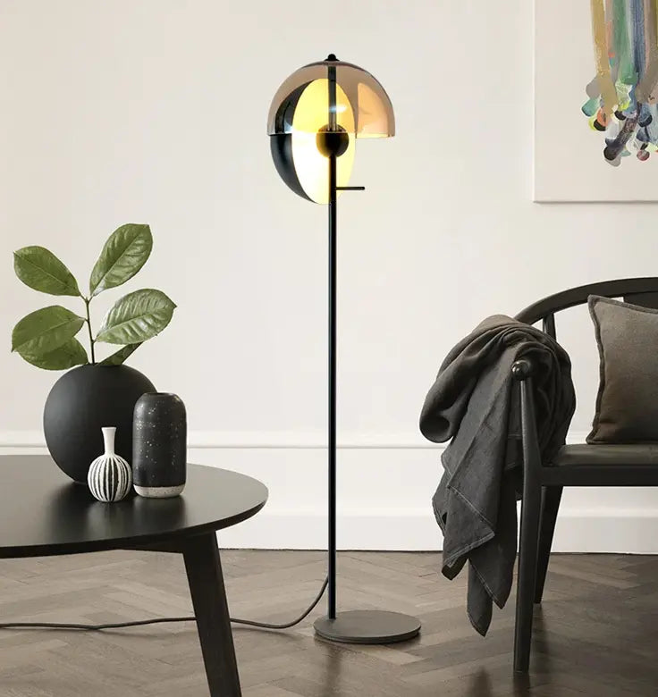 YANKE nowoczesna lampa stojąca z okrągłym kloszem w eleganckim pokoju
