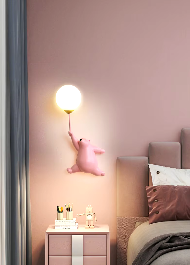 Lampy dla dzieci JIANKEXING różowa ścienna lampa z figurką misia obok łóżka w pokoju dziecięcym