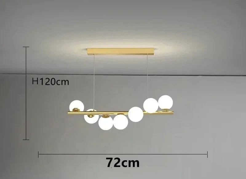 Nowoczesny żyrandol TAONUANSHU z kulistymi białymi kloszami i złotym wykończeniem o wymiarach 72 cm na 120 cm