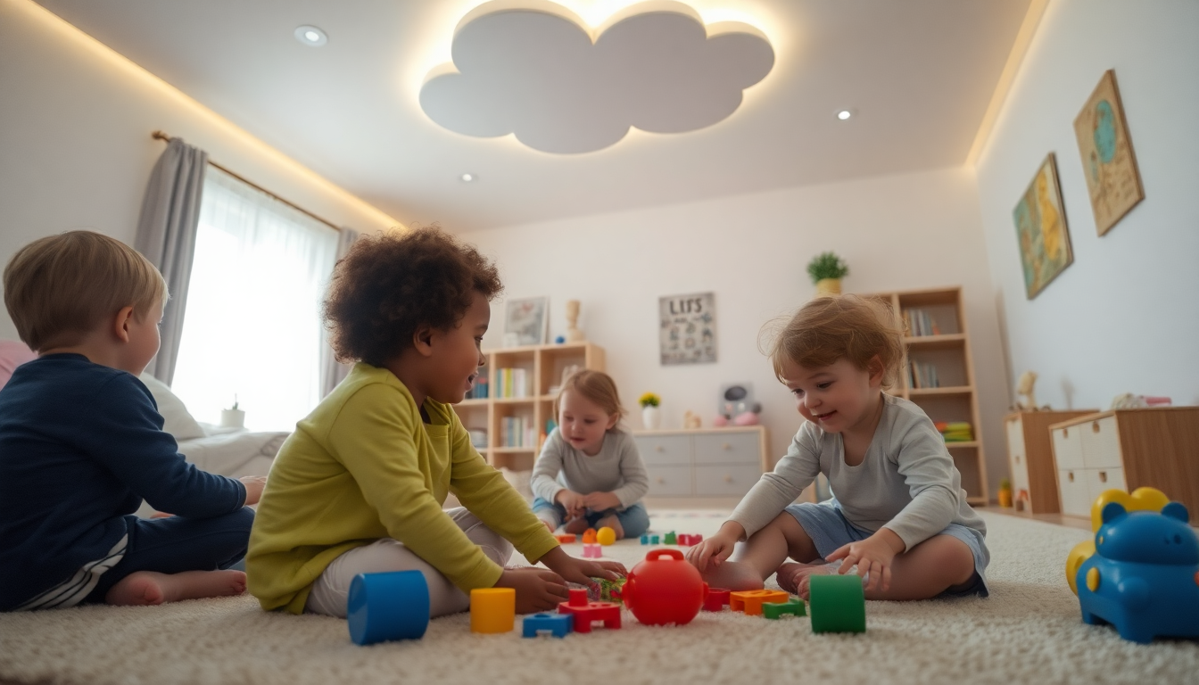 Dzieci bawiące się na dywanie w pokoju z dekoracyjnym oświetleniem i lampami do pokoju dziecięcego