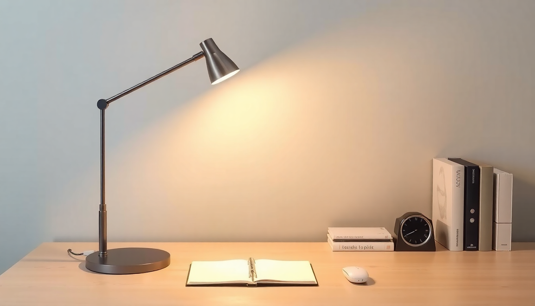 Nowoczesna metalowa lampy biurkowe o regulowanym ramieniu przy oświetlonym biurku z książkami i zegarem