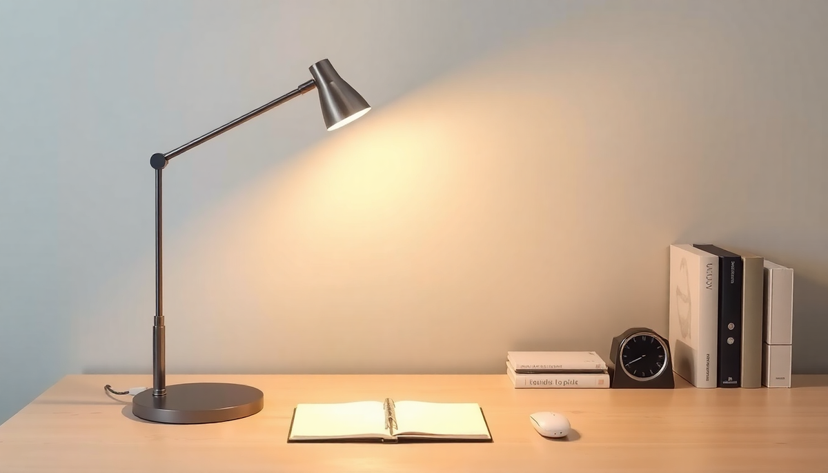 Nowoczesna metalowa lampy biurkowe o regulowanym ramieniu przy oświetlonym biurku z książkami i zegarem
