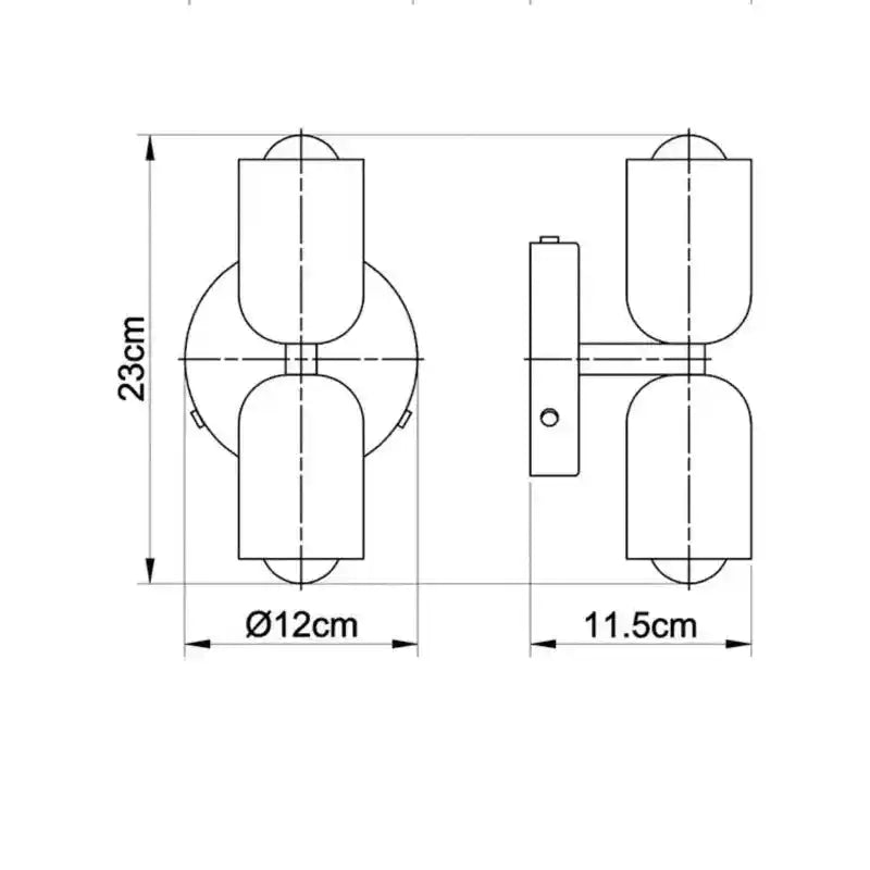 Schemat techniczny lampa ścienna LZPZ RUI z wymiarami 23 cm wysokości i 12 cm średnicy