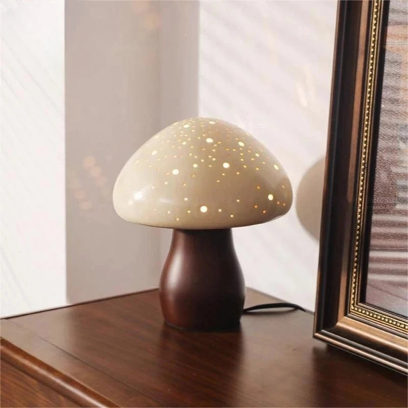 Nowoczesna Lampa Stołowa Ceramiczna Grzybek z Drewnianą Podstawką