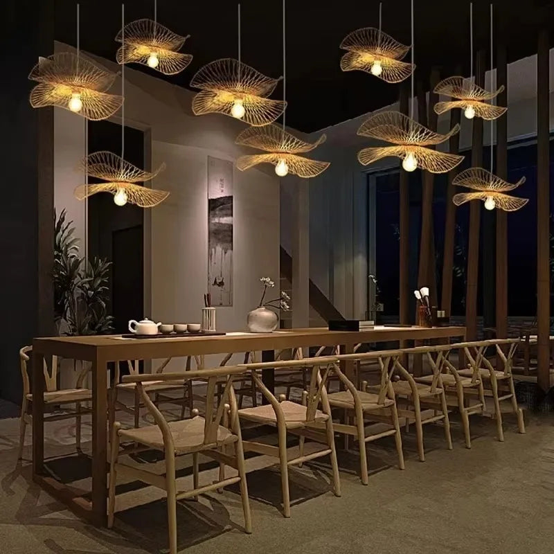 Podwójna Warstwowa Lampa Wisząca z Bambusa Ręcznie Pleciona