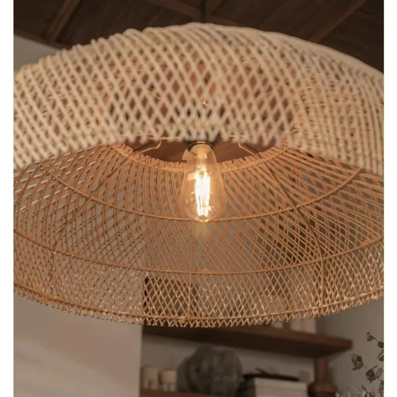 Boho Ręcznie Pleciony Żyrandol z Rattanu Wisząca Lampa E27