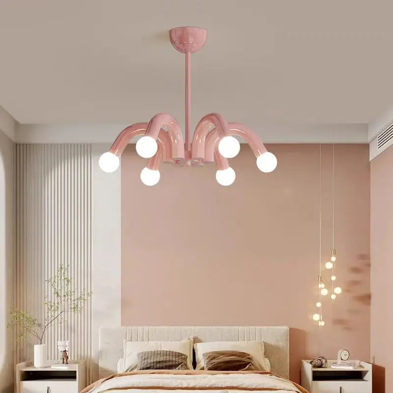 Nowoczesna Lampa Wisząca LED Metalowa E27 6-Świetlna Czarna Różowa Beżowa