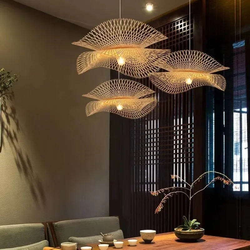 Podwójna Warstwowa Lampa Wisząca z Bambusa Ręcznie Pleciona