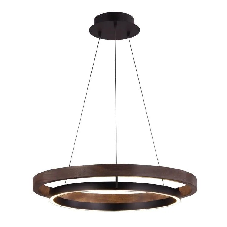 Nowoczesny żyrandol do salonu z okrągłymi drewnianymi pierścieniami i oświetleniem LED