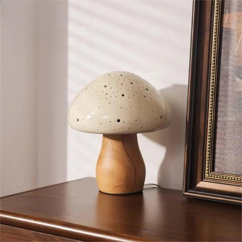 Nowoczesna Lampa Stołowa Ceramiczna Grzybek z Drewnianą Podstawką
