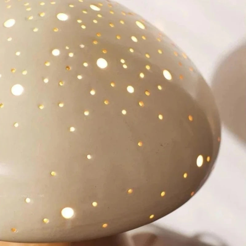 Nowoczesna Lampa Stołowa Ceramiczna Grzybek z Drewnianą Podstawką