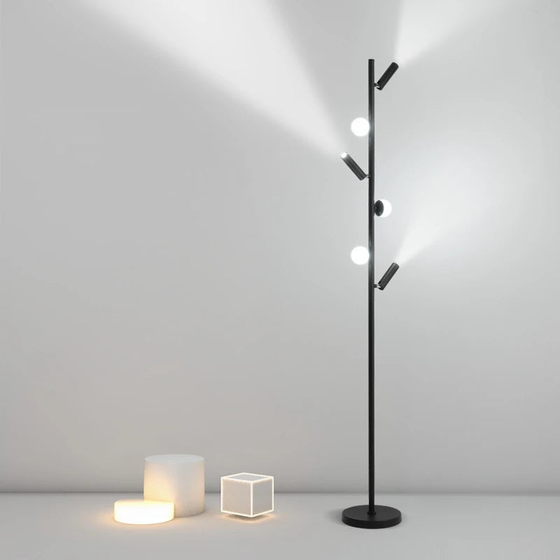 Czarna lampa podłogowa JIANKEXING z trzema kulistymi żarówkami i reflektorami do nowoczesnego wnętrza