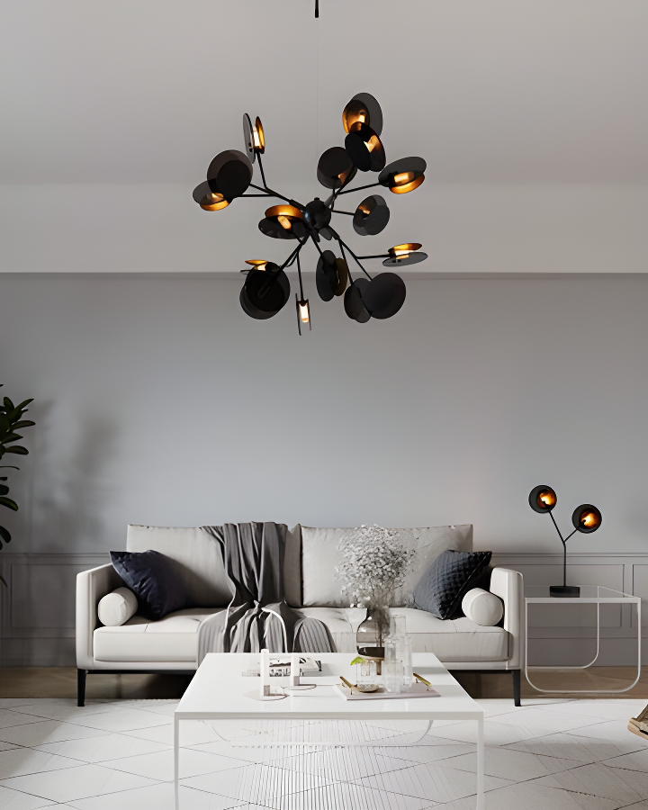 Nowoczesna designerska lampa sufitowa w salonie z eleganckimi dodatkami