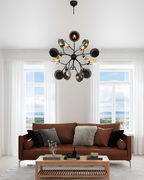 Designerska lampa wisząca w nowoczesnym stylu, idealna do eleganckiego wnętrza z sofą