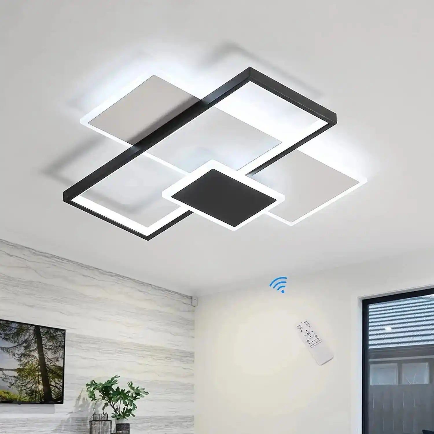 Nowoczesny designerski plafon do salonu w geometrycznym stylu z pilotem do zdalnego sterowania