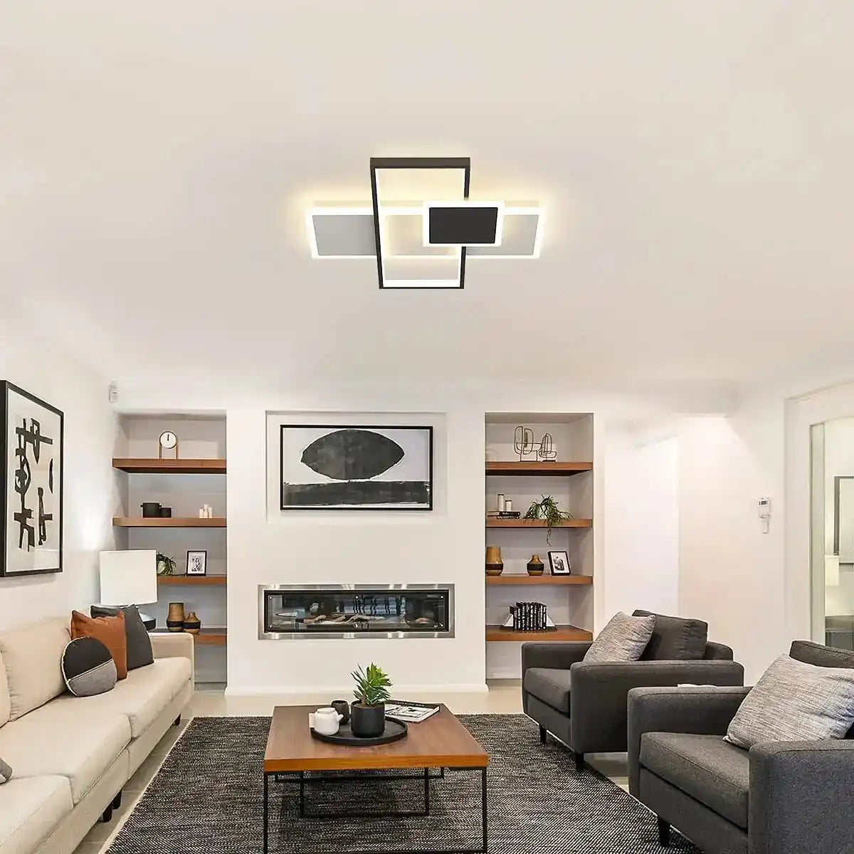 Nowoczesny designerski plafon do salonu z geometrycznym wzorem i miękkim oświetleniem LED