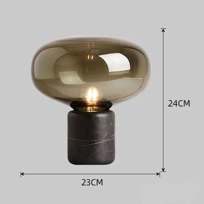 Designerska lampa stołowa XunShiNi z czarną marmurową podstawą i dymionym kloszem, designerskie oświetlenie do salonu