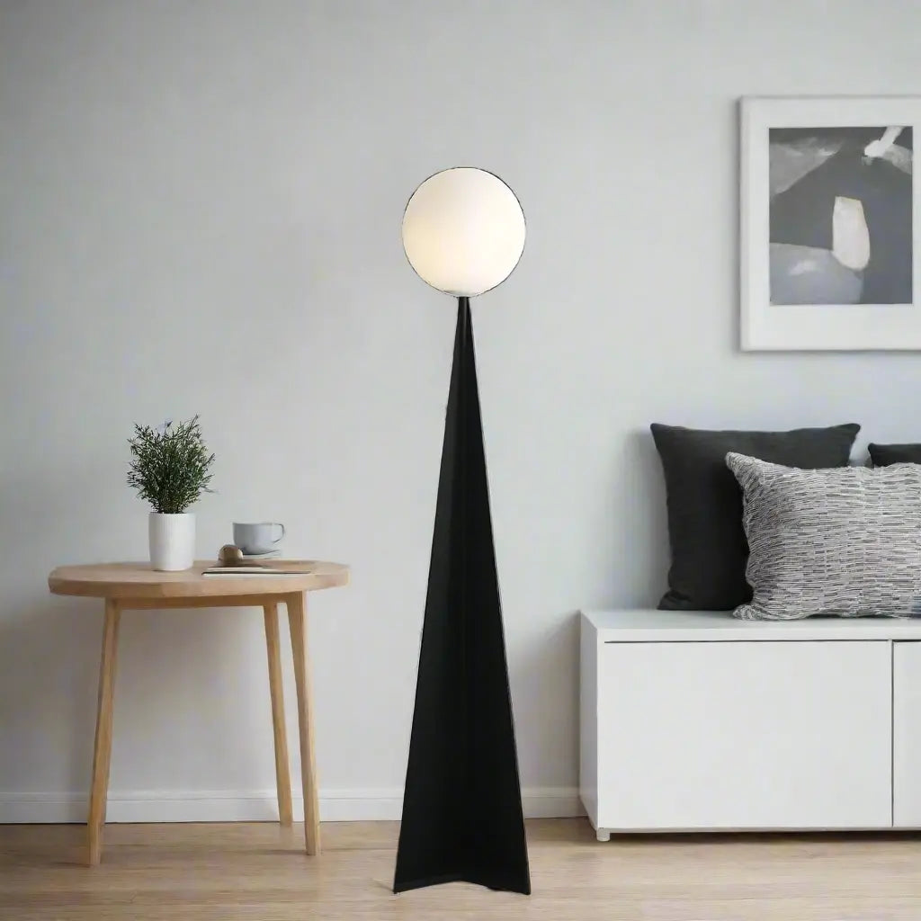 Nowoczesna lampa podłogowa z białym kloszem designerskie oświetlenie salonu w stylowym wnętrzu