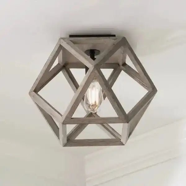 geometryczna lampa sufitowa z drewnianą ramą o nowoczesnym designie 