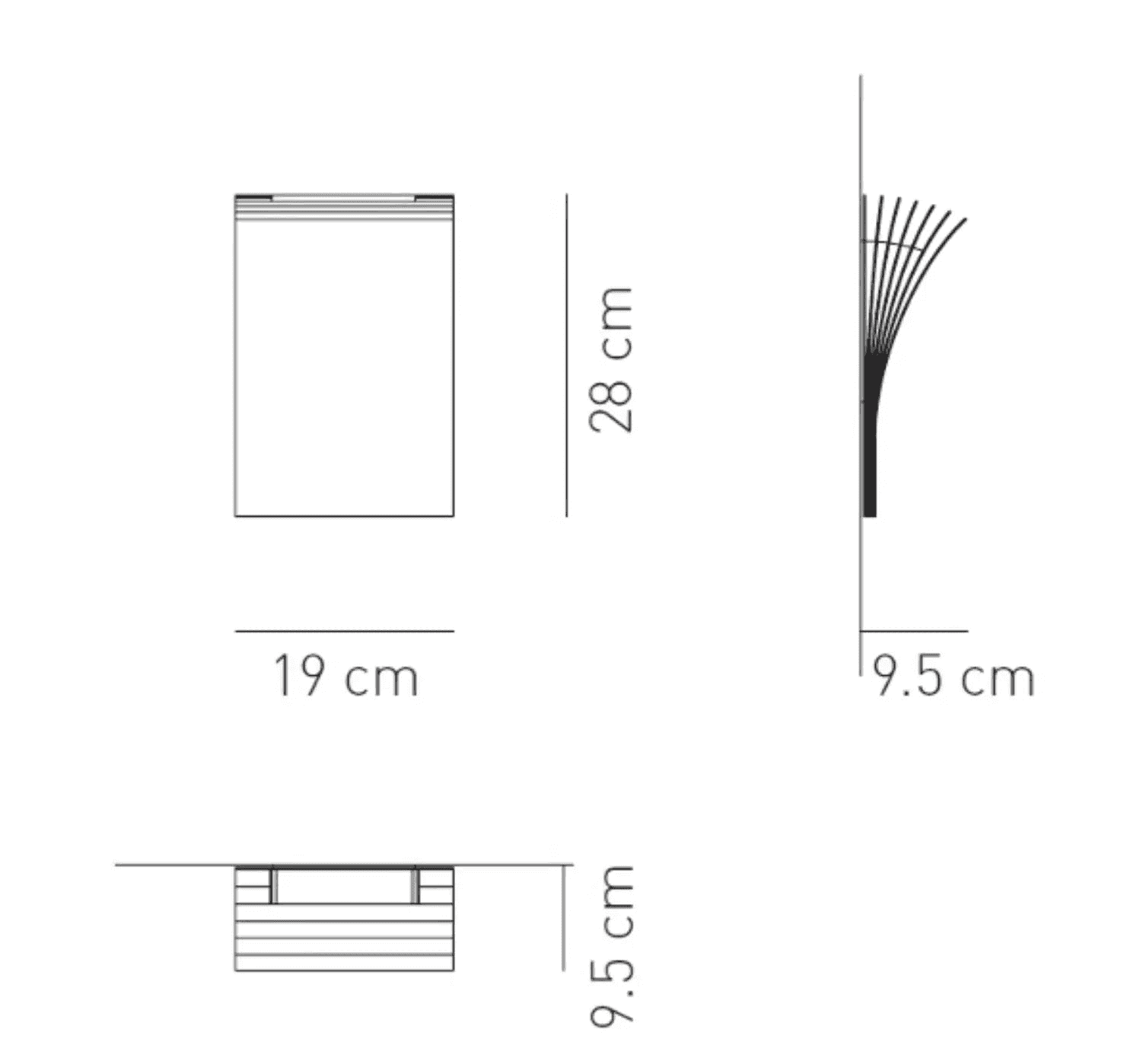 Schemat techniczny kinkietu od producenta z wymiarami 28 cm wysokości i 19 cm szerokości