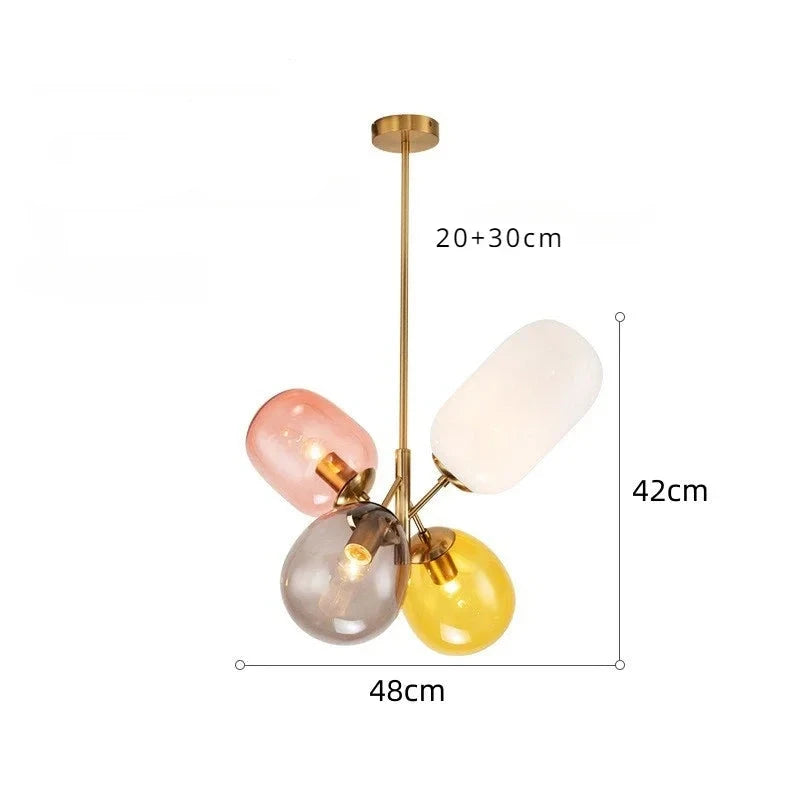 Kolorowa lampa wisząca SANDYHA z czterema szklanymi kloszami w różnych kolorach