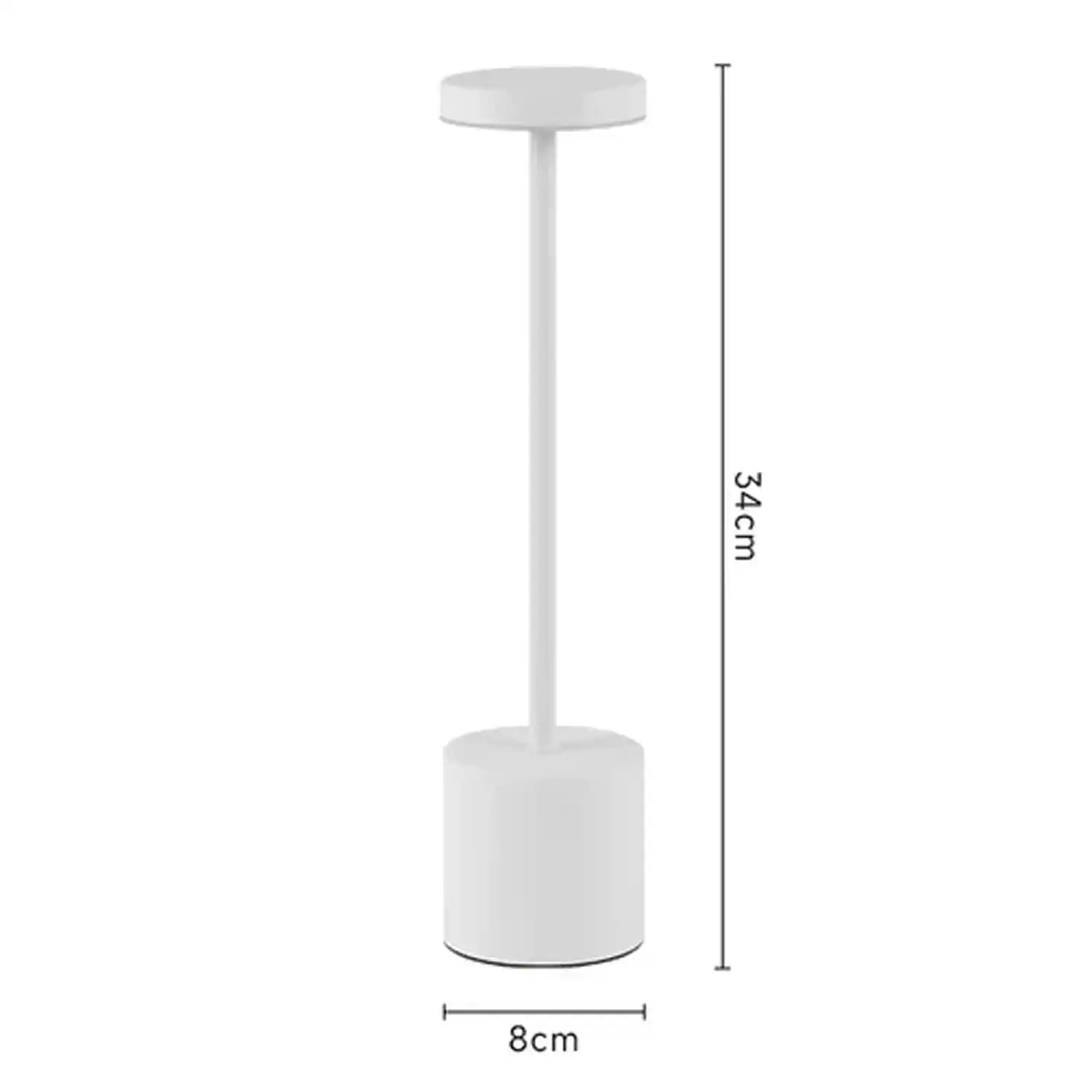 Biała nowoczesna lampa biurkowa o wysokości 34 cm i podstawie 8 cm do oświetlenia stołu
