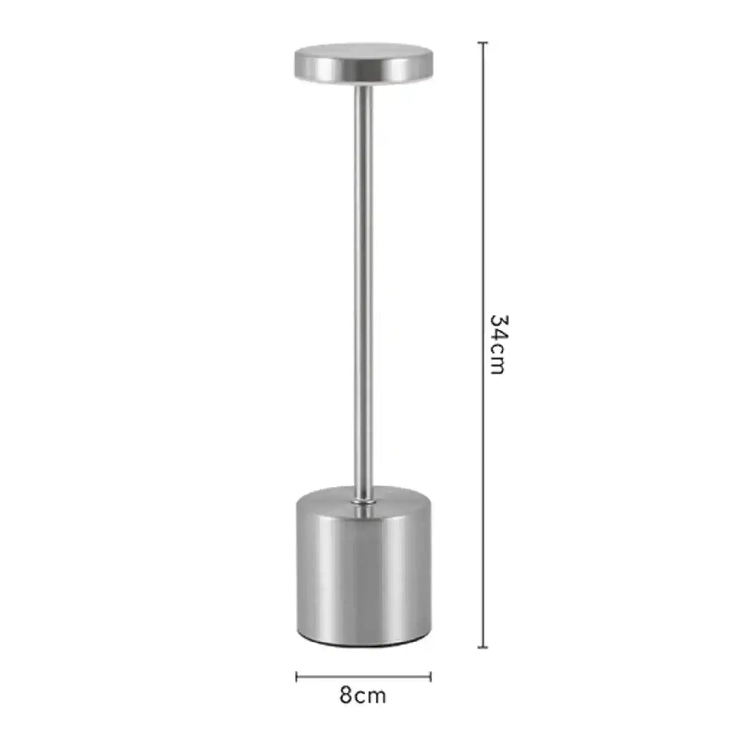 Metalowa minimalistyczna lampa biurkowa srebrna o wysokości 34 cm i podstawie 8 cm