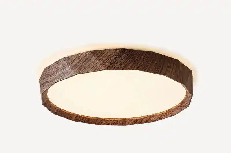 Okrągła lampa LED do salonu z drewnianą ramą i ciepłym światłem sufitowym