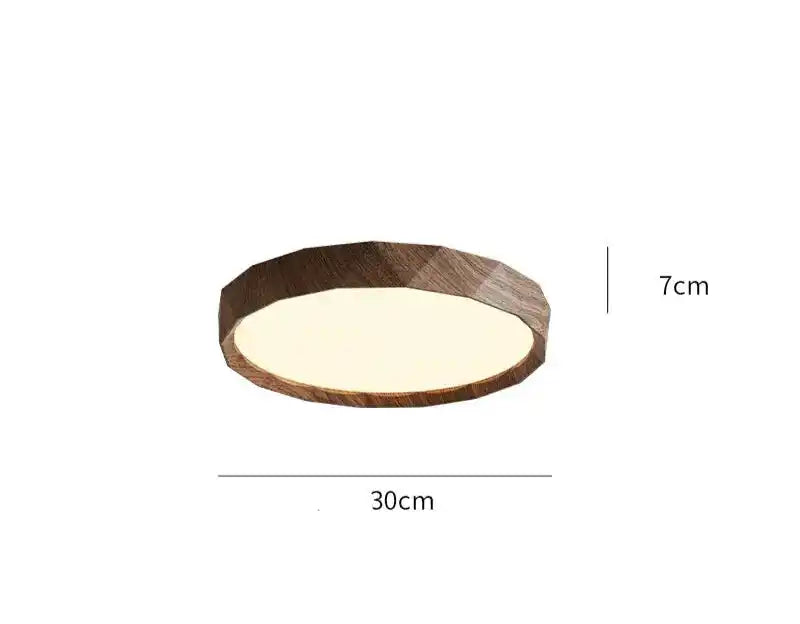 Lampa LED do salonu o drewnianej oprawie i wymiarach 30 cm średnicy oraz 7 cm wysokości