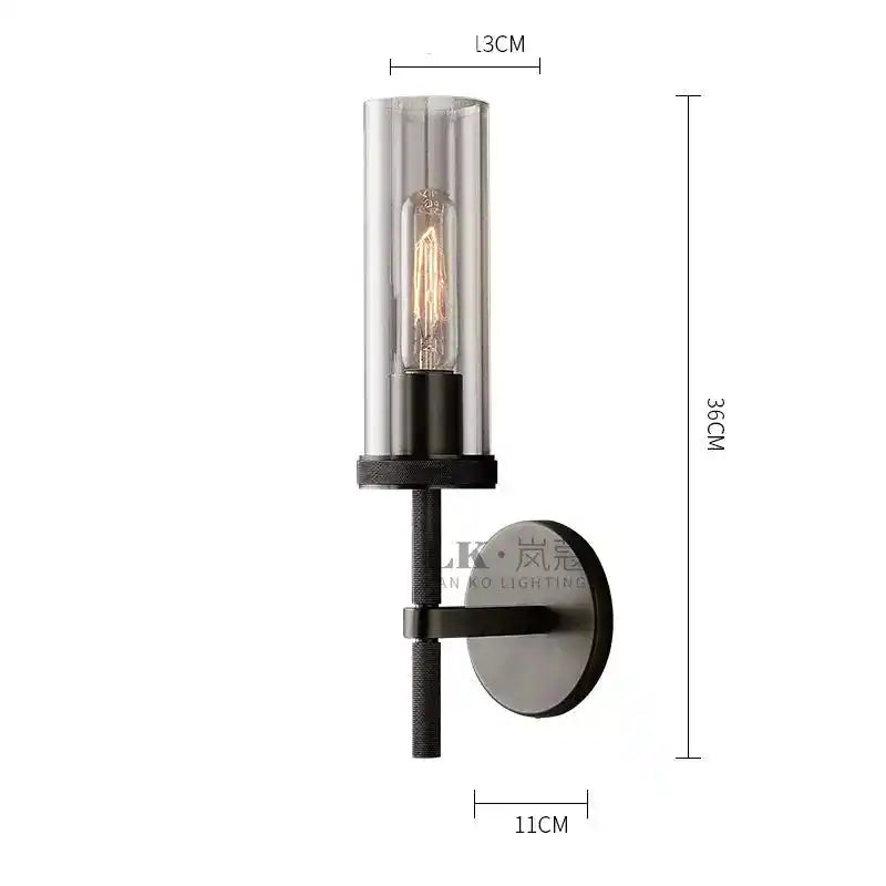 Lan Kou lampa ścienna z przezroczystym cylindrycznym kloszem i metalową podstawą