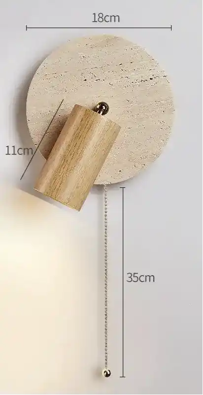 Minimalistyczna lampa ścienna z drewnianym kloszem i okrągłą podstawą z kamienia