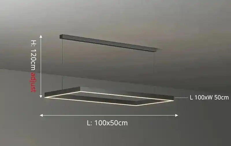 Nowoczesna lampa sufitowa Busmos o wymiarach 100 na 50 cm z regulacją wysokości do 120 cm