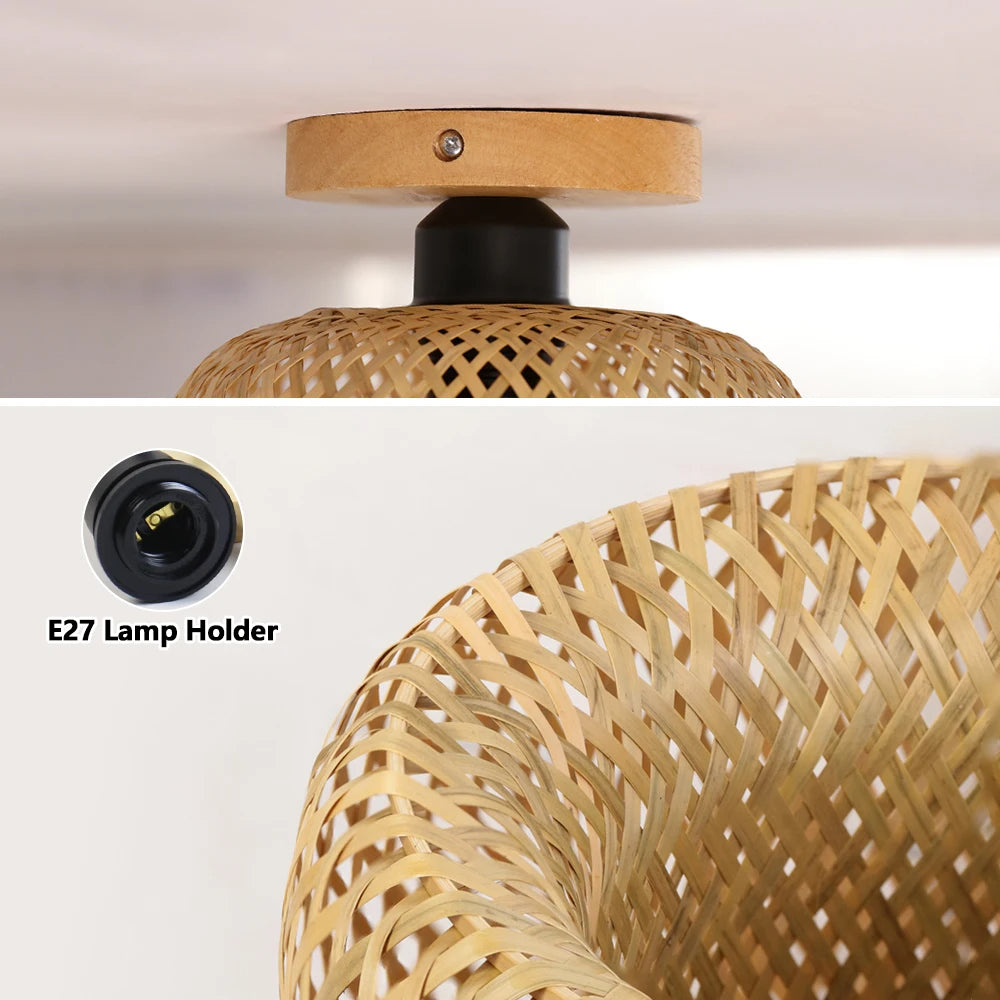 Uniwersalny lampa sufitowa z naturalnego wiklinowego klosza i drewnianej podstawy z uchwytem E27