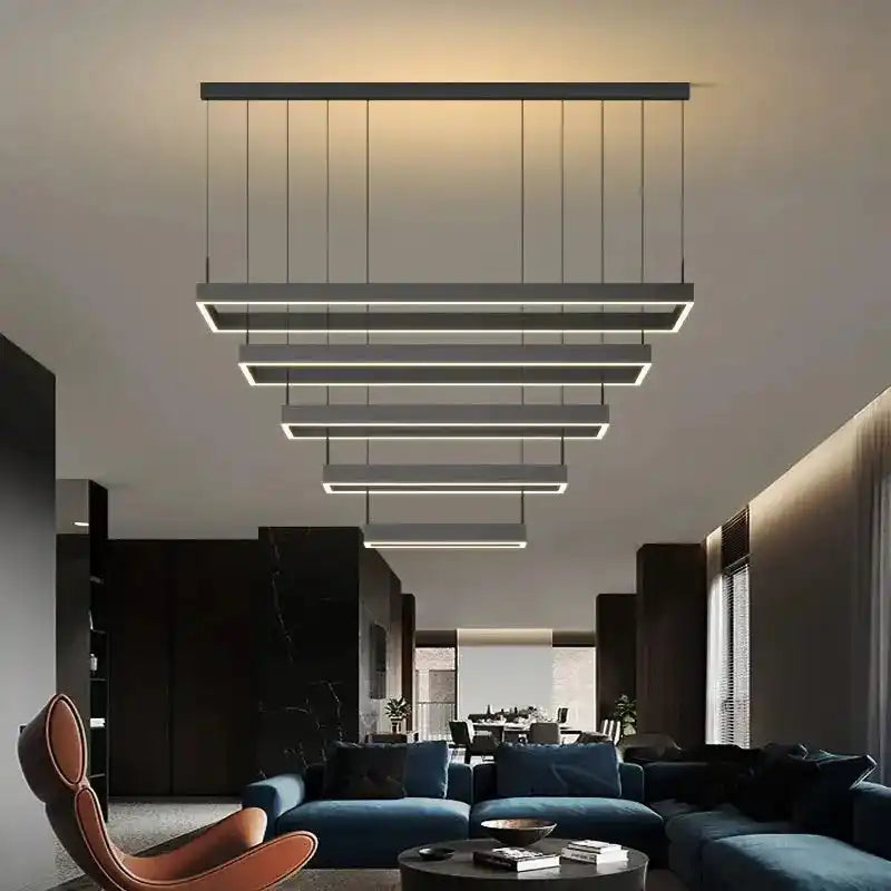 Nowoczesna lampa sufitowa Busmos z prostokątnymi panelami LED w stylowym salonie