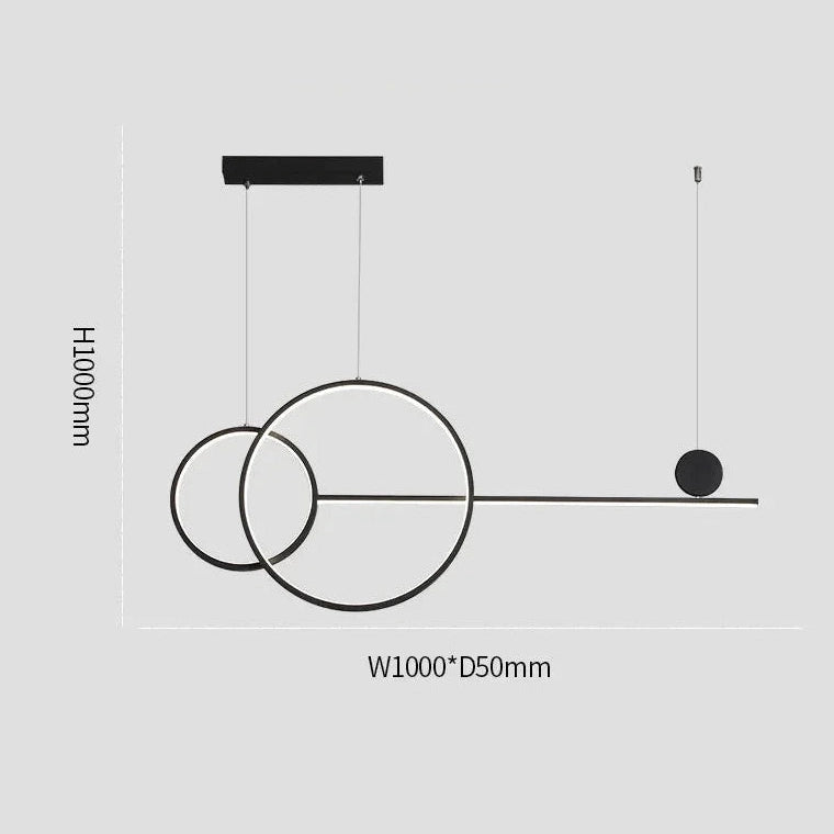 Nowoczesna czarna lampa wisząca z dwoma okrągłymi pierścieniami i minimalistycznym designem