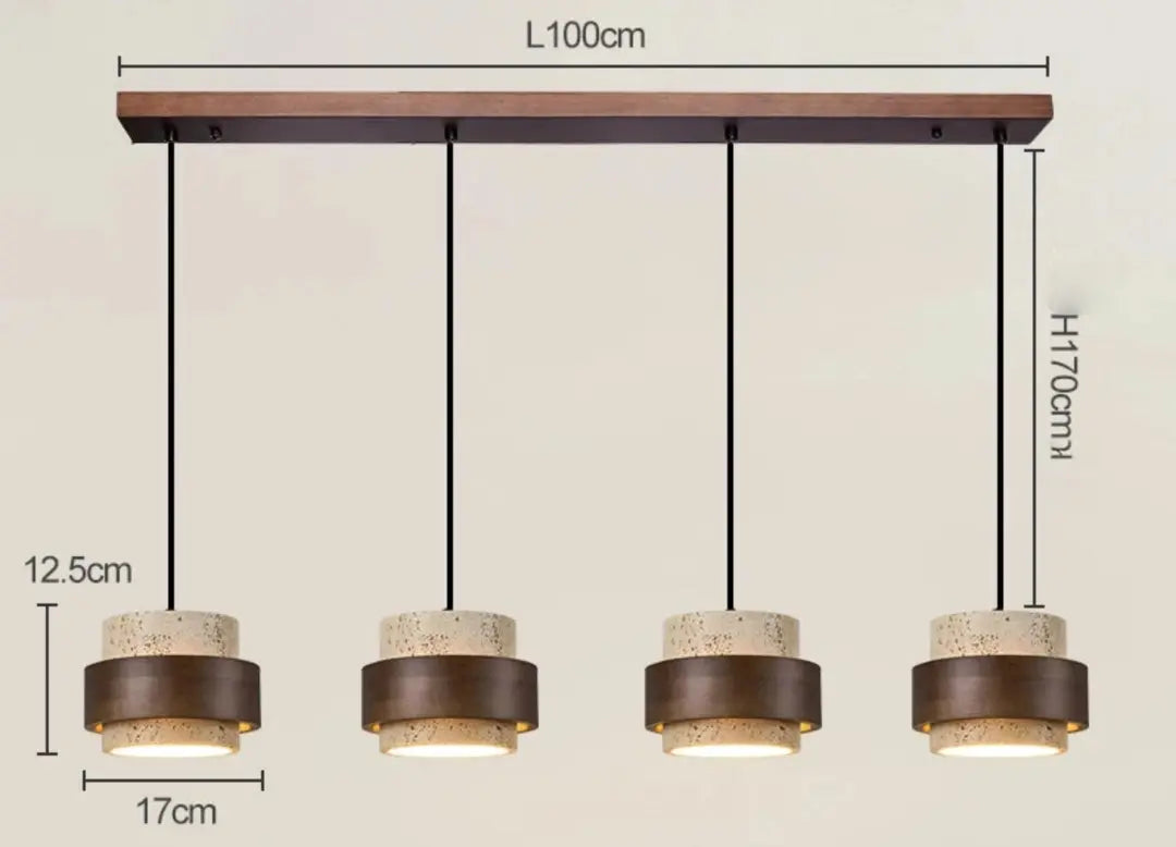 Lampa wisząca z czterema okrągłymi abażurami w brązowo-beżowym kolorze o wymiarach 100 cm na 170 cm