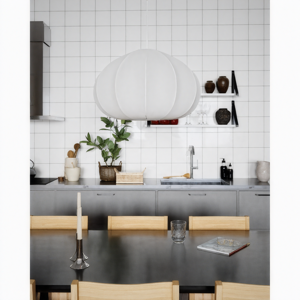 Lampa wisząc do salonu Hurtlamp w nowoczesnym wnętrzu kuchni z drewnianym stołem