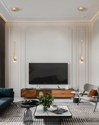 Nowoczesna lampa wisząca WHGL i ght w eleganckim salonie z telewizorem i stylowym wystrojem