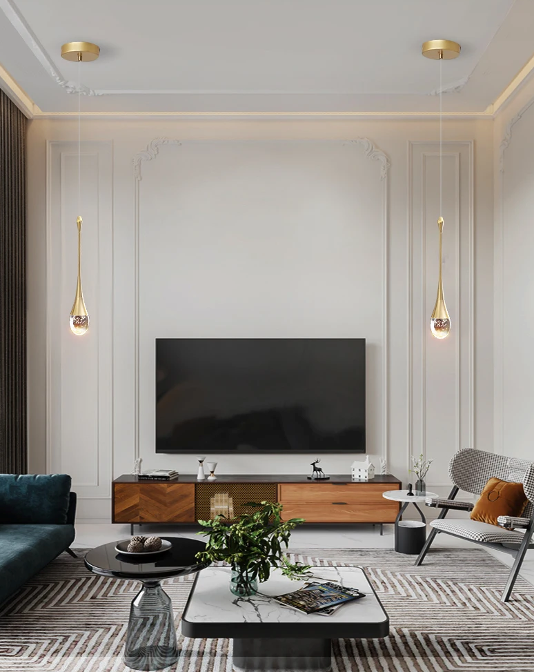Nowoczesna lampa wisząca WHGL i ght w eleganckim salonie z telewizorem i stylowym wystrojem