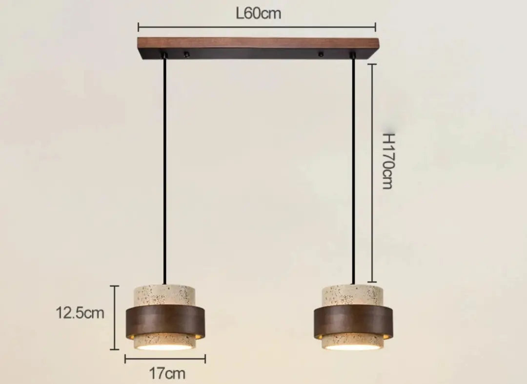 Nowoczesna lampa wisząca z dwoma okrągłymi kloszami i drewnianymi detalami