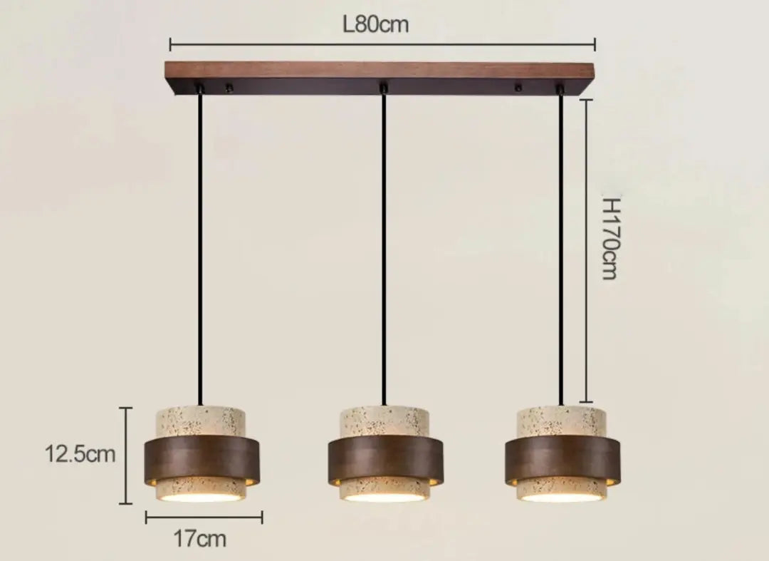 Lampa wisząca z trzema okrągłymi kloszami w kolorze brązowym i beżowym o wymiarach 80 cm na 170 cm