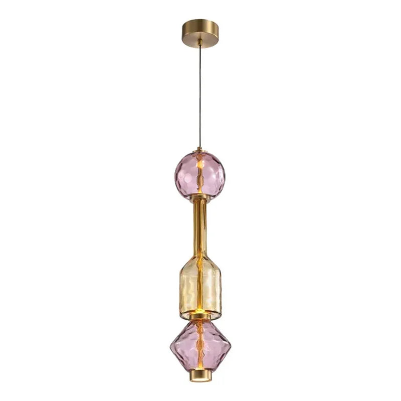 Lampa z włoskiego szkła, wisząca, różowa i złota, kadr z przodu, przeznaczenie do salonu