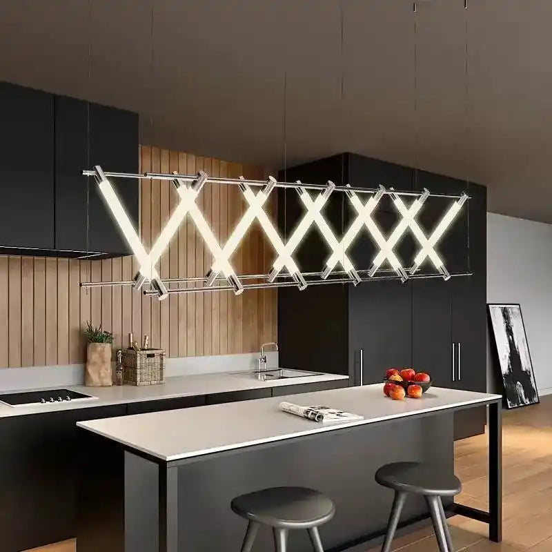 Nowoczesne lampy wiszące LED w kuchni nad wyspą, designerskie oświetlenie loftowe