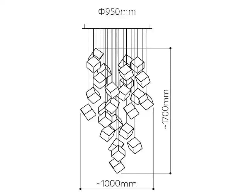 Rysunek techniczny luksusowe lampy do salonu z geometrycznymi zwisającymi elementami i wymiarami