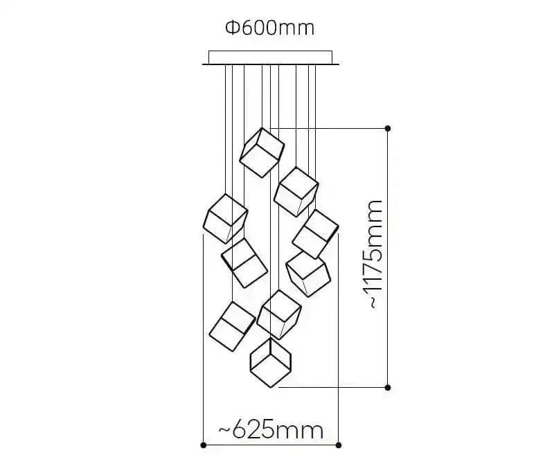 Rysunek techniczny wiszącej lampy z 10 kwadratowymi kloszami luksusowe lampy do salonu