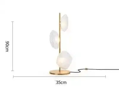 Nowoczesna lampa stojąca z trzema białymi kloszami i złotą podstawą o wymiarach 90 na 35 cm